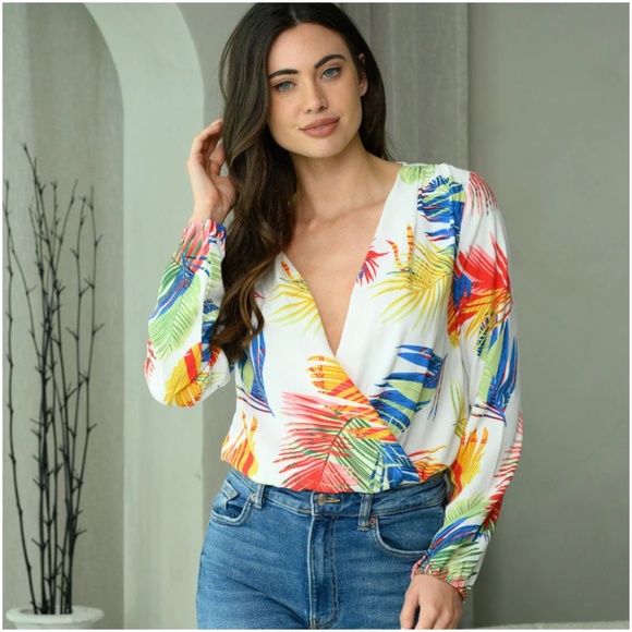 LONG SLEEVE LEAF MULTI PRINT SURPLICE BODYSUIT - Picture 4 of 4